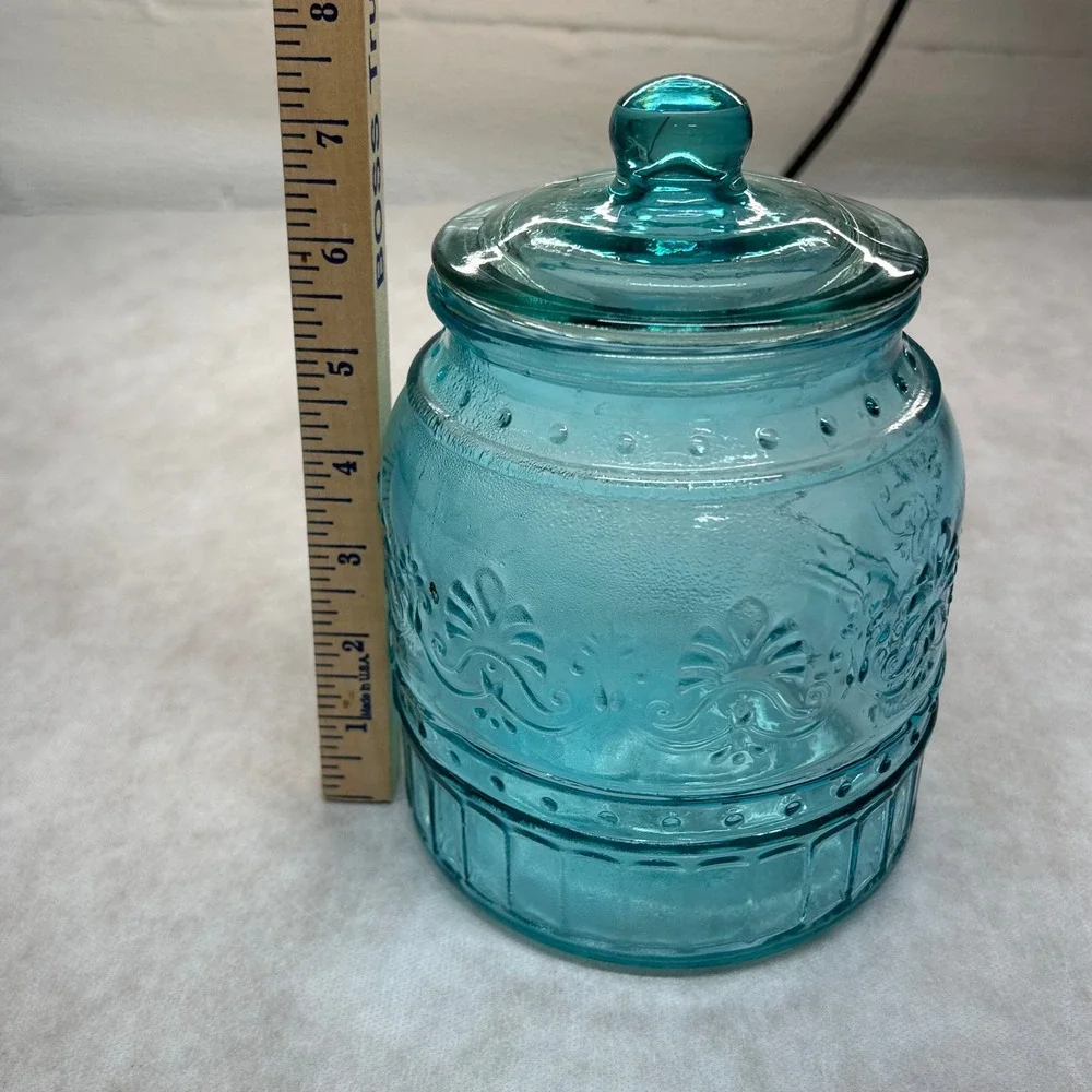 Pioneer Woman Jar Aqua Blue Embossed Glass Canister Kitchen Decor 53‎ oz.